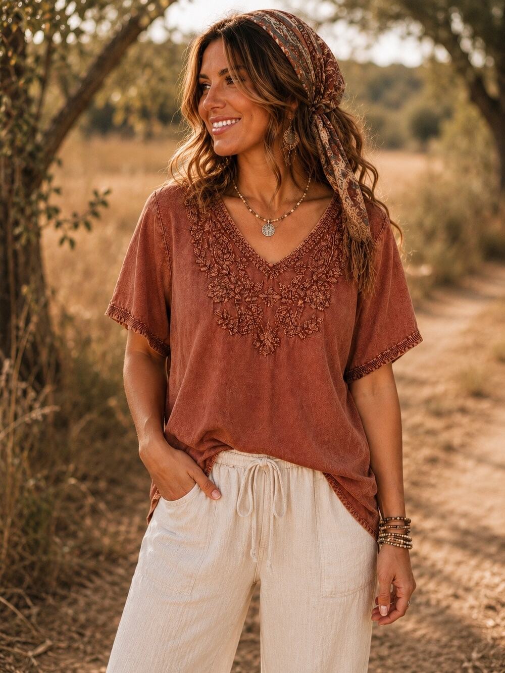 Solitaire Embroidered Boho Top Women’s Large Rust Mineral Wash V-Neck India
